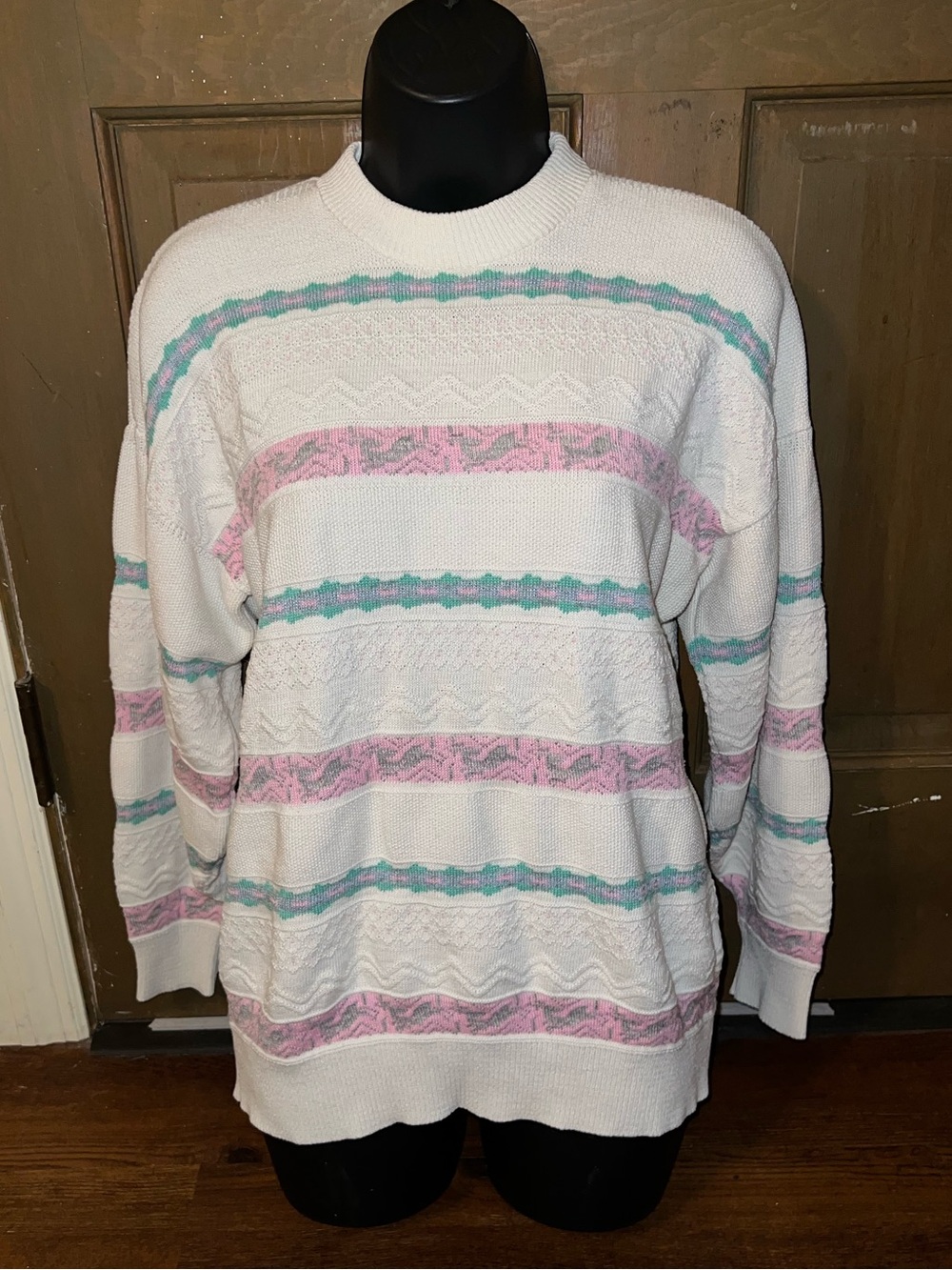Vintage Pastel Retro Knit Cream Pink Mint Crewneck Striped Sweater 80’s Size XS